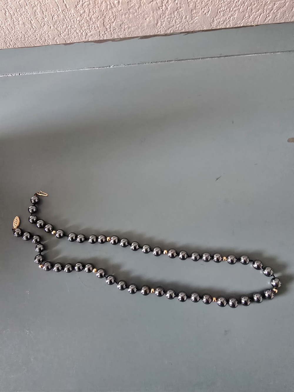 Elegant Hematite Bead Necklace with Gold Accents - Free Shippinh